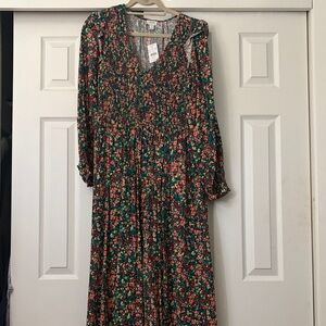 J. Crew Green Floral V-Neck Maxi Dress with Pink and Orange Accents